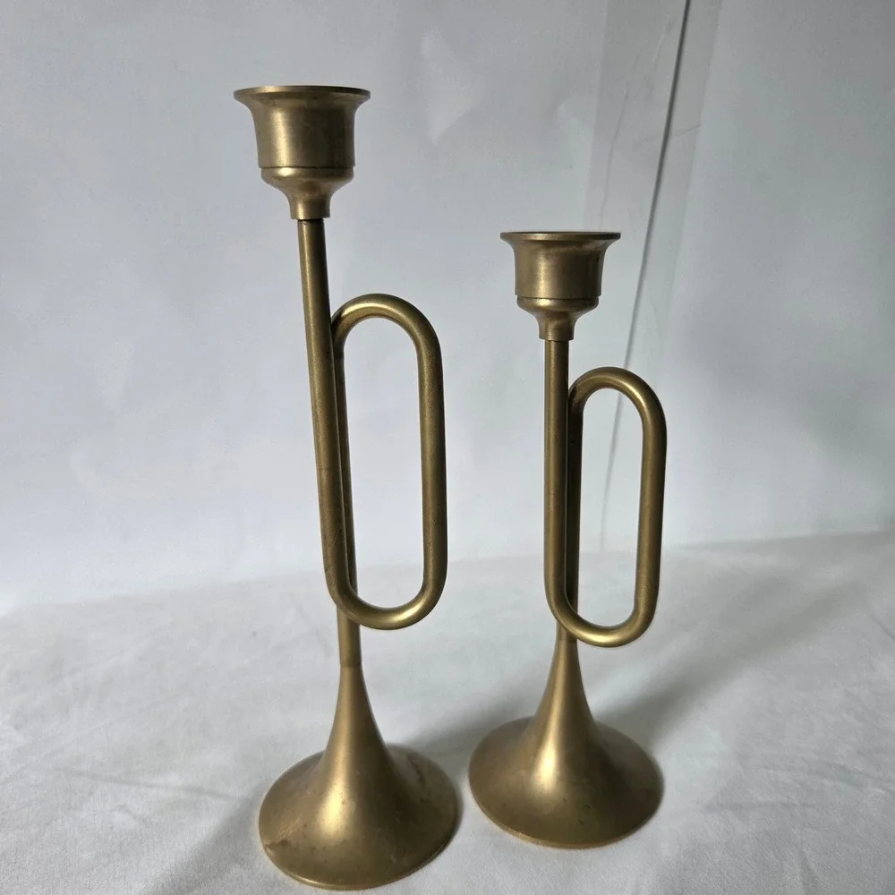 Vintage Brass Trumpet Horn Candlestick Holders Set of 2 Musical Decor Taper